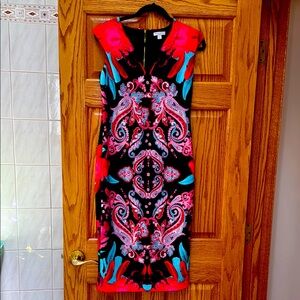 New York & Company Red and Black Sheath Dress Cap Sleeve Midi